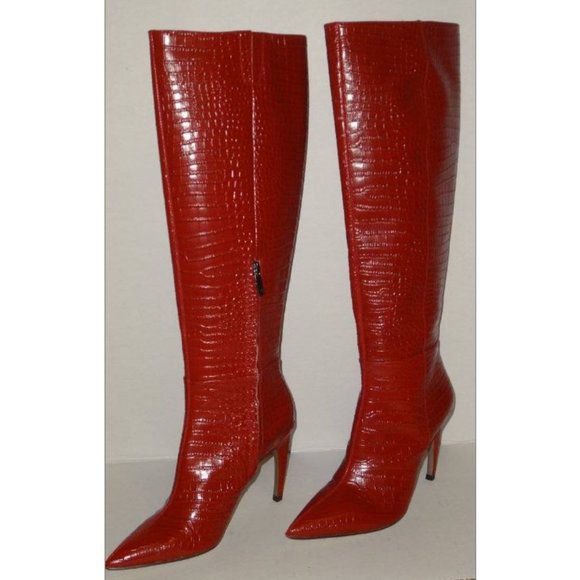 SOLD Sam Edelman Fraya Croc Tall Stiletto Boots Red - Picture 4 of 8